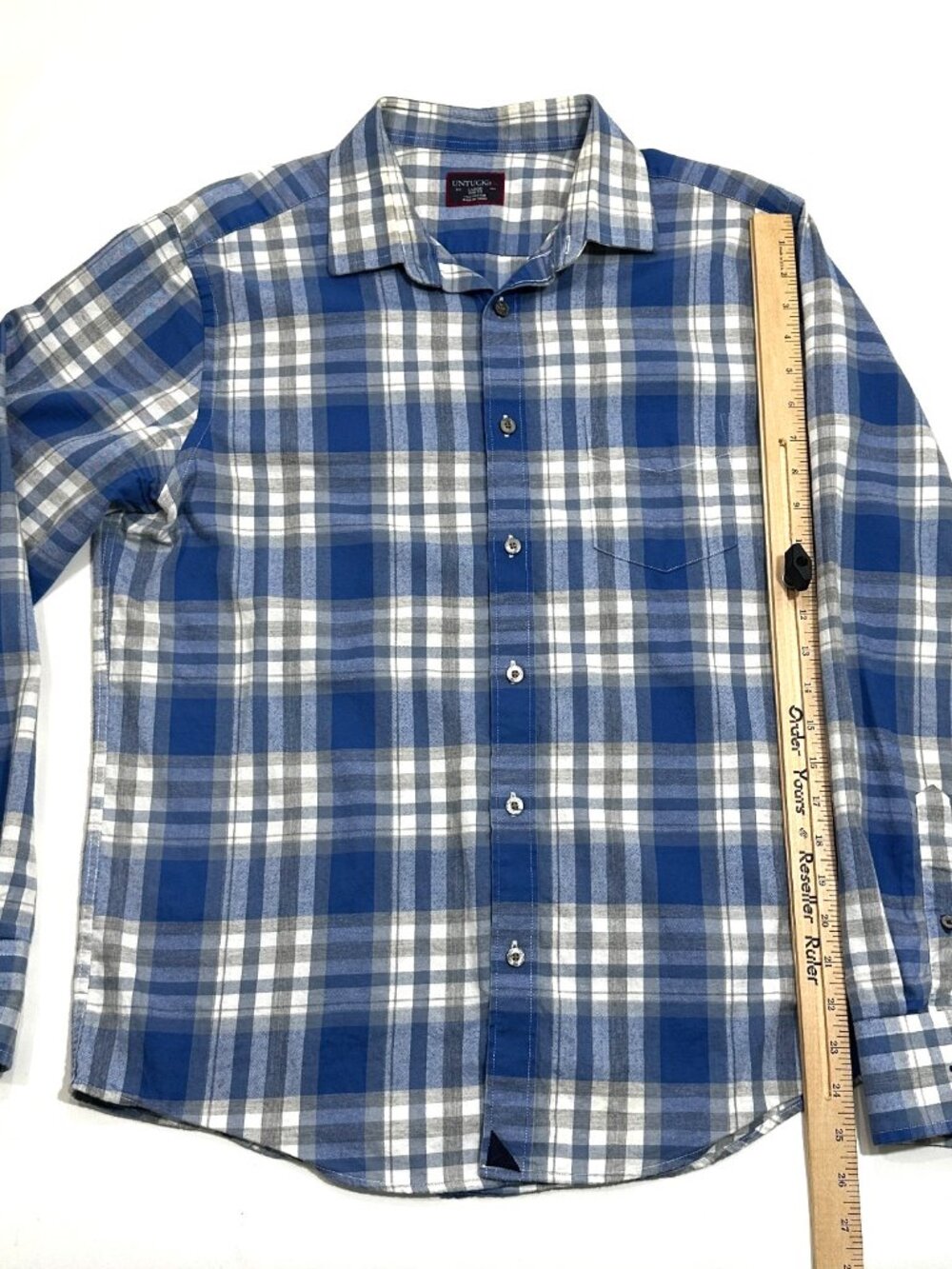 UNTUCKit Mens Large Slim Fit Blue Gray Plaid Button Front Shirt Cotton Casual - Picture 11 of 16